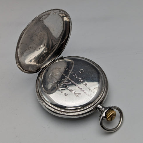 Circa 1910 Antique Omega Pocket Watch Silver Side Hunter Case Good Working Condition